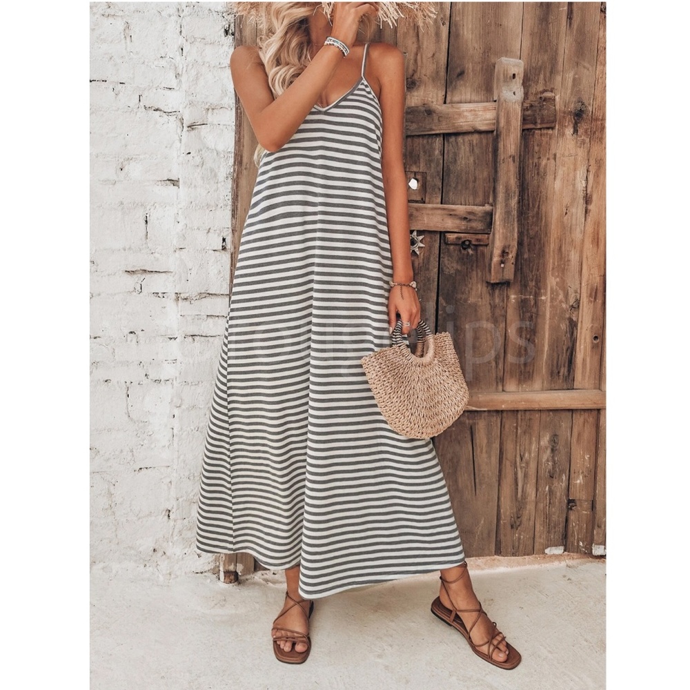Loose Fitting Striped Cami Dress Maxi Long Flared V-Neck White Grey - Picture 2 of 9